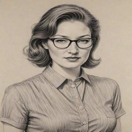 Appealing Kelly Macdonald, pencil sketch, portrait of Ravishing woman 1951s in glasses, hair style beatnik, outline, clear lines, fine lines, 8k