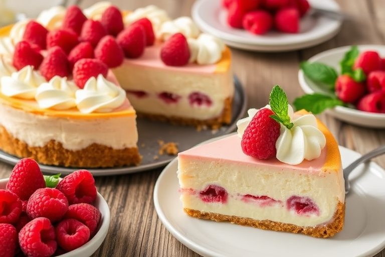 Delicious raspberry cheesecake with a creamy texture topped with whipped cream and fresh raspberries on a wooden table alongside a slice of the cake and a plate of raspberries.