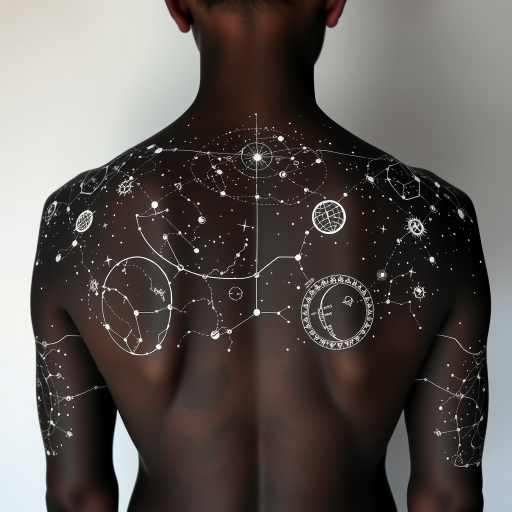 Ethereal body tattoo of constellation maps and celestial bodies spanning across the shoulders and upper arms, rendered in shimmering white ink on dark skin
