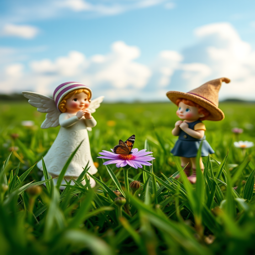 create a vibrant outdoor scene featuring two charming garden figurines, one angelic with wings and a striped hat and the other a whimsical child in a hat, surrounded by a lush green field with a butterfly hovering above a purple flower, shot with a DSLR camera at f/2.8, ISO 100, 50mm lens, natural lighting with a slight blue sky and fluffy clouds in the background