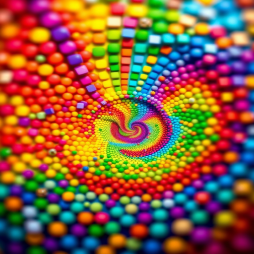 Create a vibrant, swirling abstract design featuring colorful dots in a spiral pattern, captured with a DSLR camera at f/8 aperture, 1/125 sec shutter speed, ISO 100, using a macro lens from a top-down view for enhanced detail and richness in color.