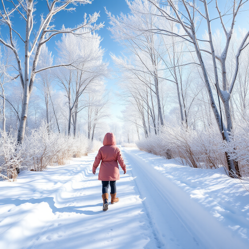 A young girl in a pink coat walking on a snow-covered path surrounded by frosty white trees, bright blue sky, shot with a Canon EOS R5, 50mm lens at f/1.8, ISO 100, natural light for enhanced contrast and clarity.