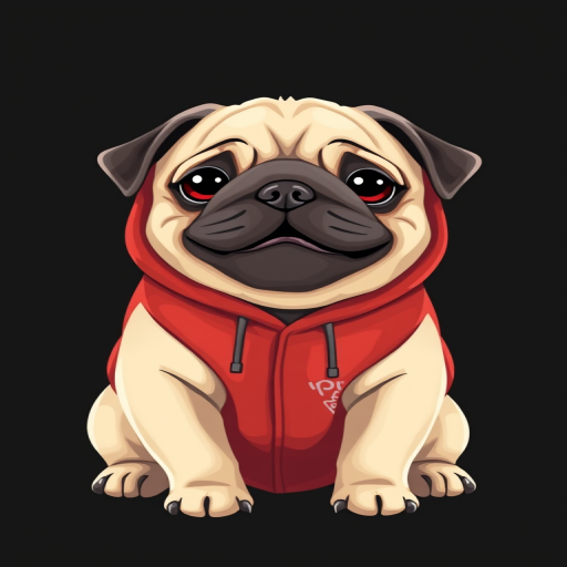 Create a digital illustration of a cute pug wearing a red hoodie, with a playful expression, set against a black background, using a high-resolution camera with a 50mm lens, f/1.8 aperture, ISO 100, in close-up view, with vibrant colors and sharp details to enhance image quality.