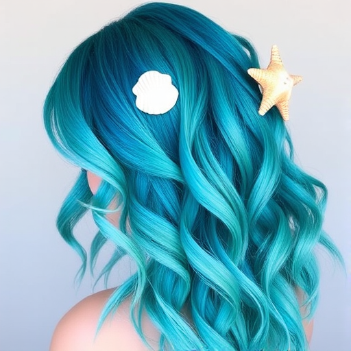 Vibrant teal and turquoise ombre hair styled in loose, beachy waves with seashell and starfish accessories, capturing the essence of a "Mermaid's Treasure" style