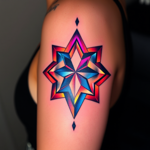 Holographic effect tattoo named "Prismatic Illusion" creating the appearance of a three-dimensional,