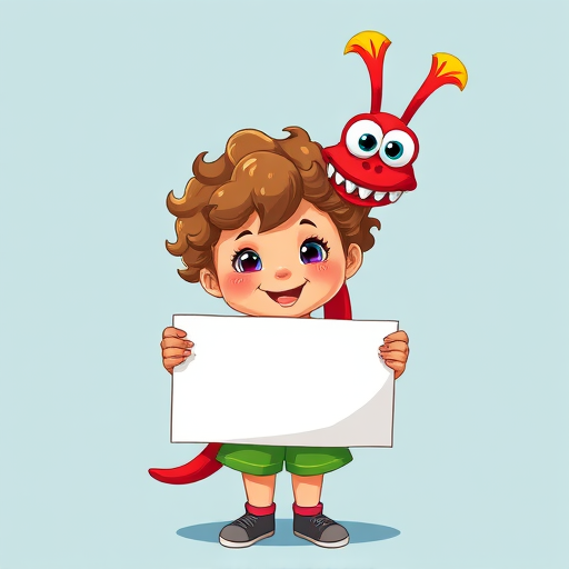 Create a colorful cartoon-style illustration of a cheerful child with curly hair and a friendly red monster holding a blank sign, focused on vibrant colors and clear details, shot with a Canon EOS R5 at f/4, ISO 100, 1/200s, with a frontal view and bright, even lighting.