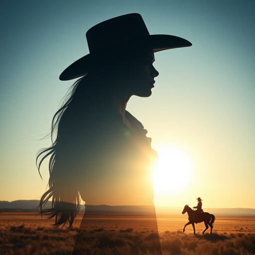 "Create a Double exposure", a silhouette "profile portrait of a young cowgirl" with long hair "superimposed" against a long shot of a cowgirl riding a horse across the plains, fantastic view, 32k, cinematic, hyper-realistic.
