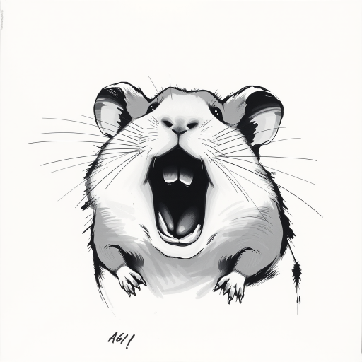 Abstract black and white acrylic portrait of an over exaggerated laughing (hamster). Minimalism style. White background.