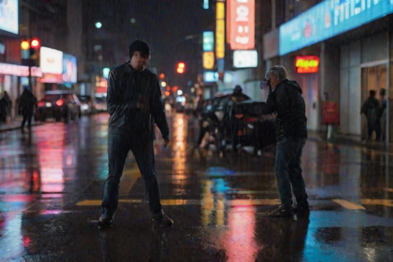 Blurry candid shot of a street photographer capturing a photo of a passerby in the rain, soft reflections of neon signs and car headlights bouncing off the wet pavement, with distant skyscrapers barely visible in the background.
