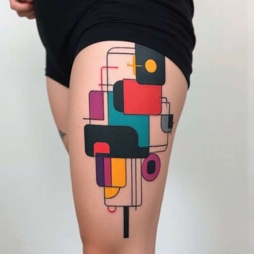 Avant-garde abstract tattoo on the thigh, combining geometric shapes, organic forms, and bold color blocks to create a thought-provoking and visually striking piece of body art