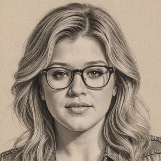 Ravishing Kelly Clarkson, pencil sketch, portrait of Resplendent woman 1971s in glasses, hair style beatnik, outline, clear lines, fine lines, 8k