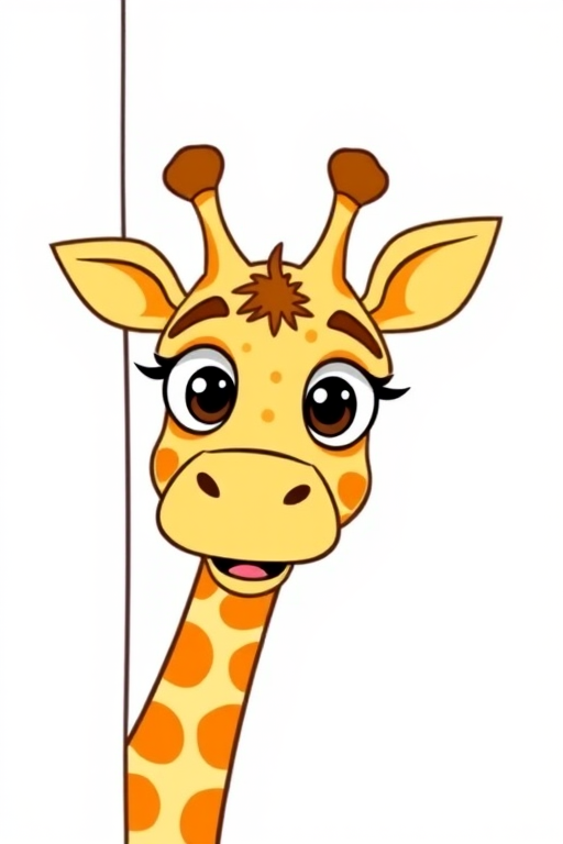 Create a simple cartoon drawing of a giraffe head with large eyes and a surprised expression peeking from the side of a blank canvas with a few spots on its neck.