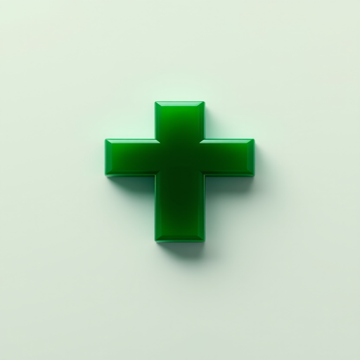 Create a high-resolution image of a glossy green cross icon on a smooth gradient background, using a Canon EOS R5 camera with a 50mm lens at f/1.8, ISO 100, and a soft focus style to enhance clarity and depth.
