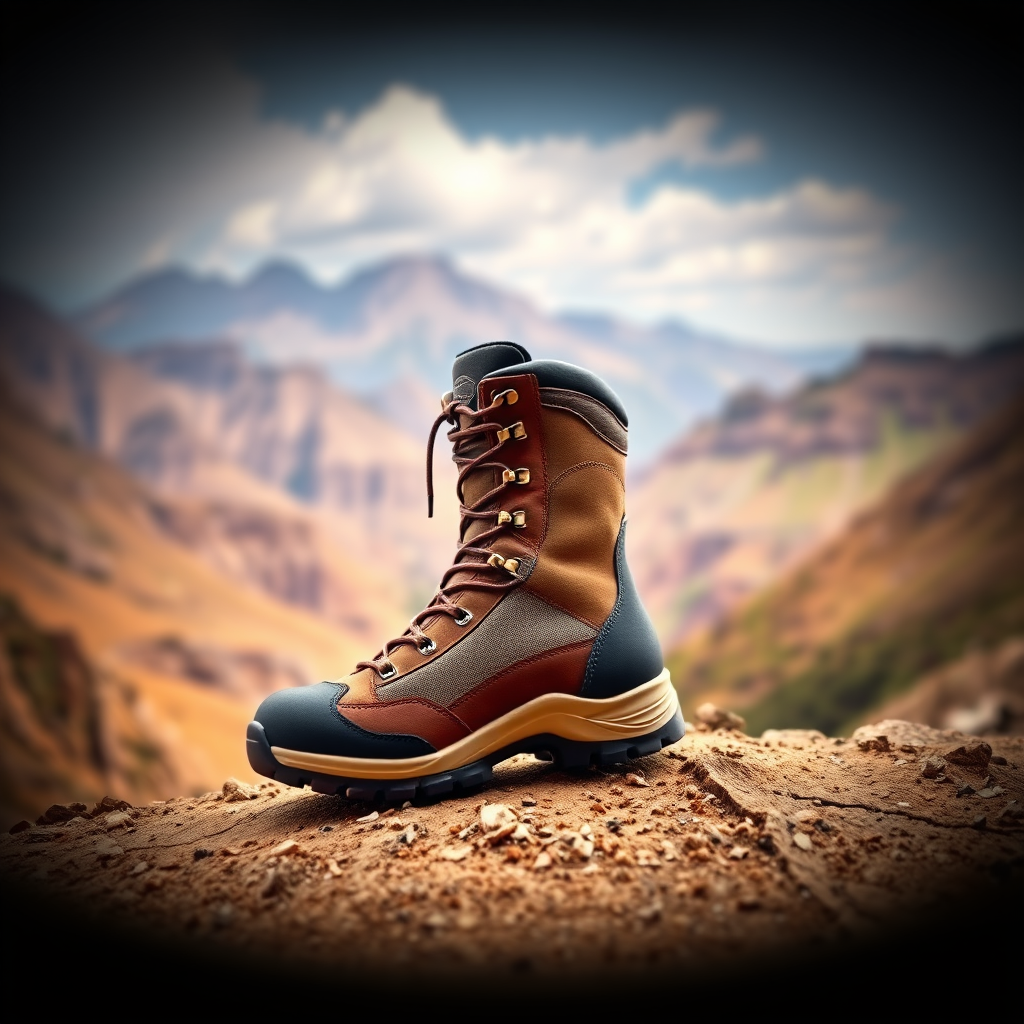 Create an image of a hiking boot with a scenic landscape featuring rugged mountains and valleys as the background, using a DSLR camera at f/8 aperture, ISO 200, 50mm lens, shot from a 45-degree angle to emphasize the boot's details and textures, with high dynamic range for enhanced color and clarity.
