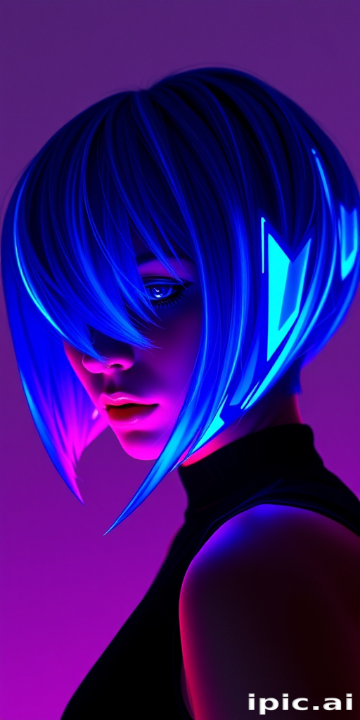 Electric blue bob with "Neon Nights" design showcases a geometric cut and vibrant neon accents for a futuristic look