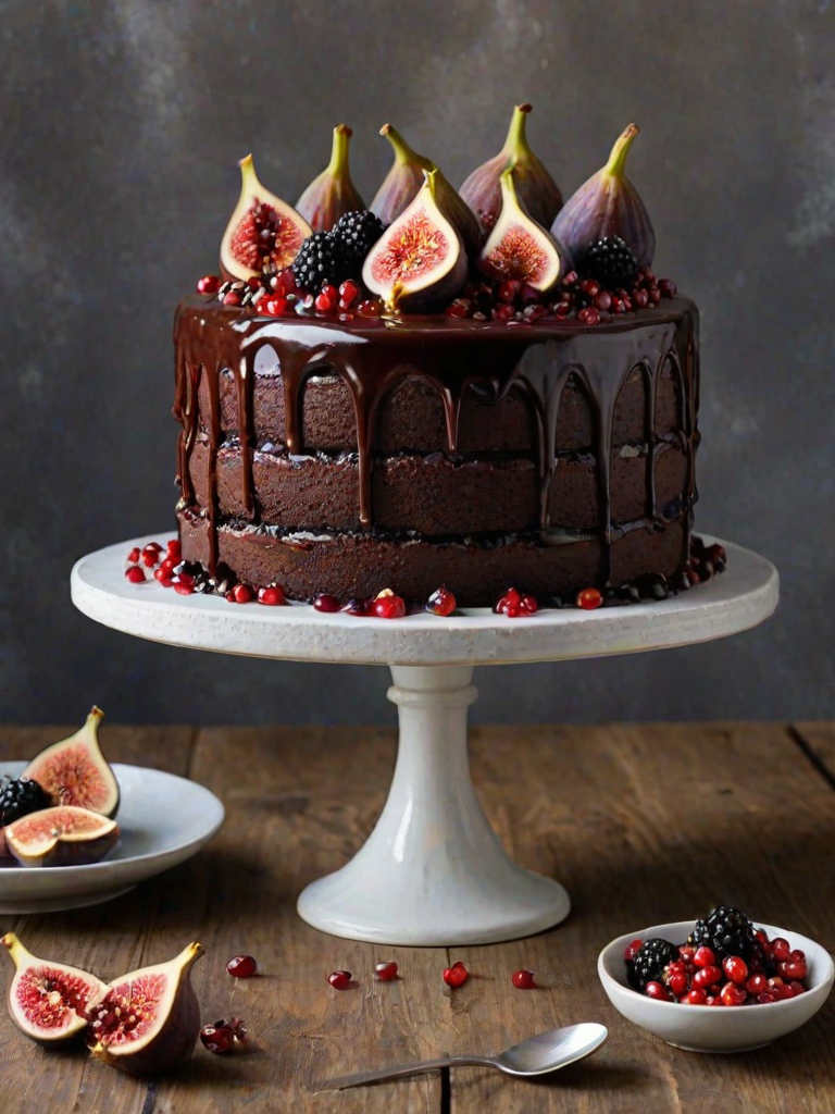 Create an image of a tall, layered chocolate cake decorated with fresh figs, blackberries, and pomegranate slices on top. The cake has a glossy red berry sauce drizzled over the sides, revealing its chocolate layers. Place the cake on a white cake stand, surrounded by a rustic wooden setting with plates in the background.