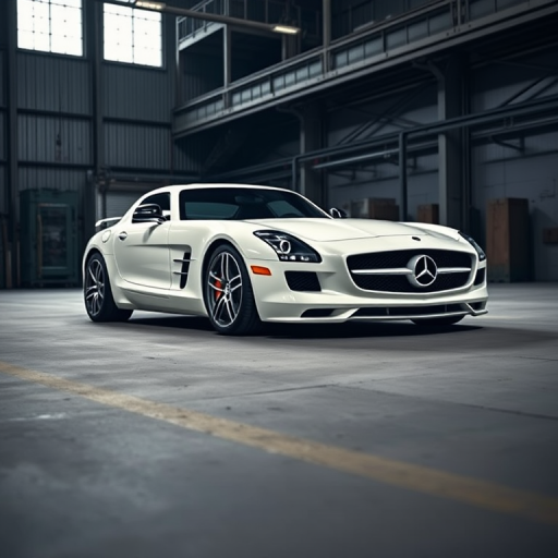 Create a high-resolution image of a white Mercedes-Benz SLS AMG parked in an industrial setting with dramatic lighting, using a DSLR camera with a 50mm lens, f/1.8 aperture, ISO 100, and a shutter speed of 1/200s, captured from a low angle to emphasize the car's profile and details.