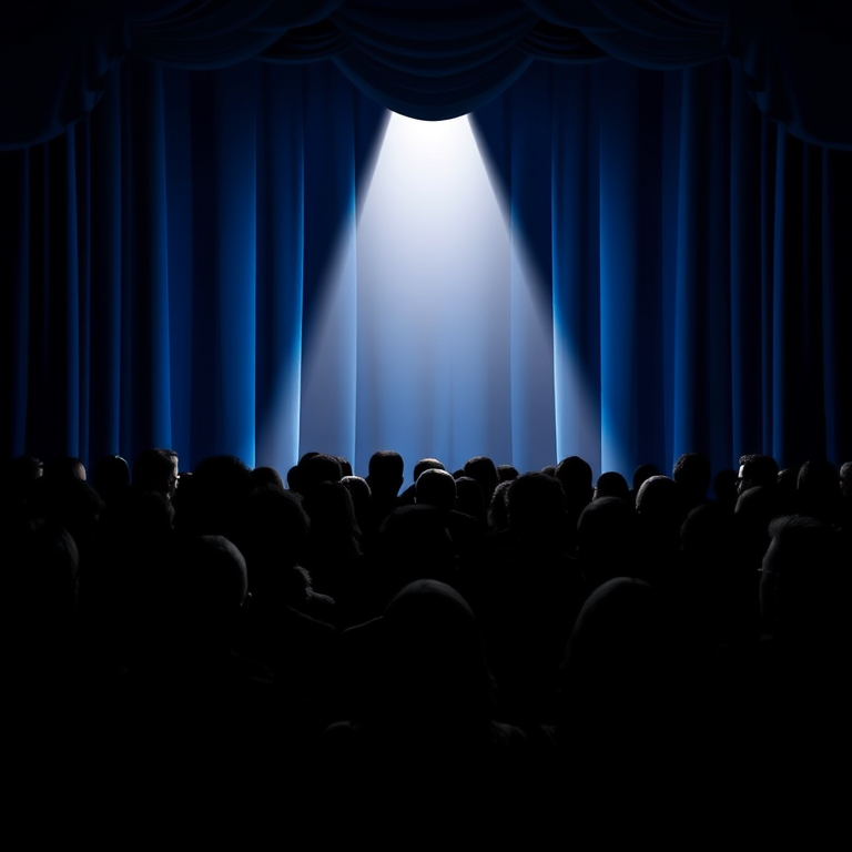Generate an illustration of a theater audience silhouetted against a bright spotlight shining through blue velvet curtains, using a DSLR camera with a 50mm lens, f/1.8 aperture, ISO 200, and a slight vignette effect to enhance the depth and focus on the audience.