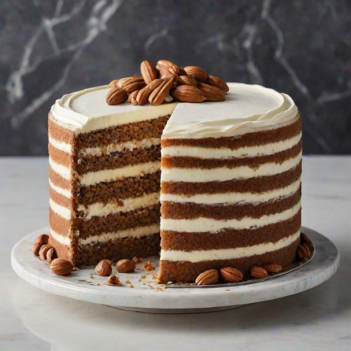 Generate a realistic image of a layered cake with smooth frosting. The cake should have a textured design on the outer layer and be topped with decorative elements, such as nuts. Include a slice cut out to show the interior layers. The setting should be simple, with a marble or wooden surface and minimal background distractions.