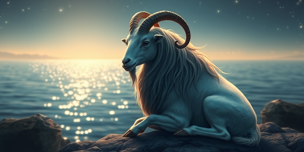 Create a digital illustration of a Capricorn, featuring a majestic goat with flowing hair, sitting by a shimmering body of water, surrounded by stars, using a Canon EOS R5 with a 50mm lens at f/2.8, ISO 100, with a soft-focus background for a dreamy effect.