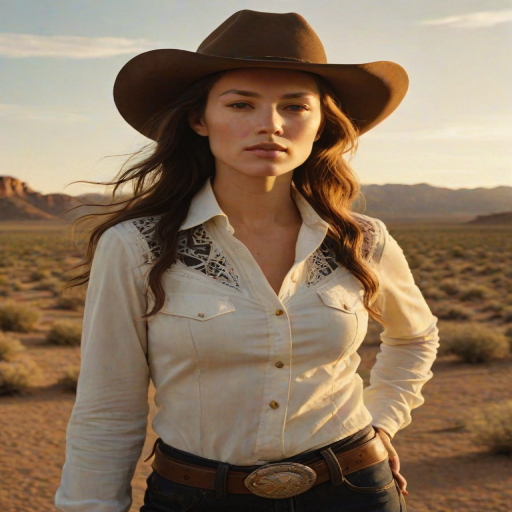 Dramatic photo of a beautiful Western American woman, classic cowboy attire, confident and free spirit expression, half-length portrait, centered, golden hour desert landscape, warm, diffused light, low angle, medium format film camera, in style of Annie Leibovitz.