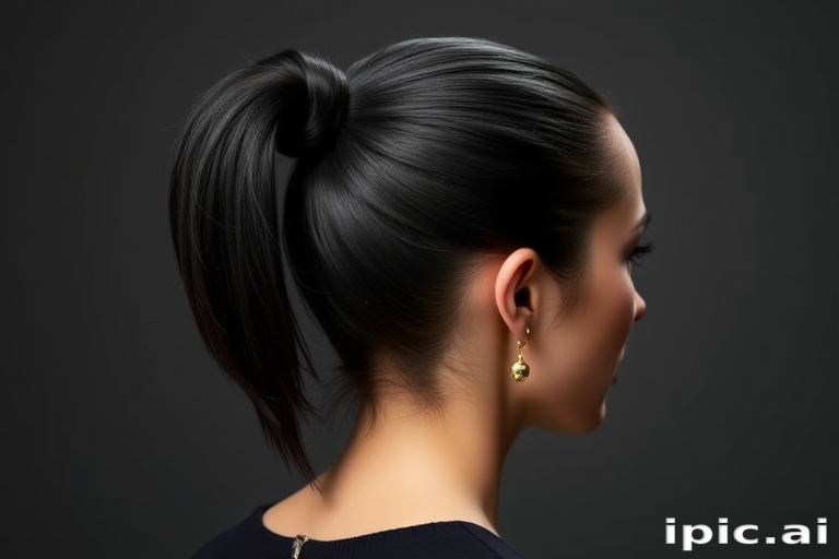 Sleek high ponytail in jet black, wrapped with a section of hair and adorned with gold cuffs, showcasing polished elegance with a touch of edge