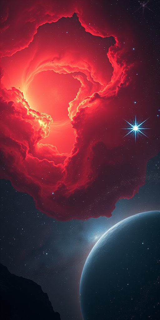 create a vibrant and dynamic cosmic scene with swirling red and orange nebulae, bright stars, and a distant planet, emphasizing depth and color contrast in a vast galaxy backdrop