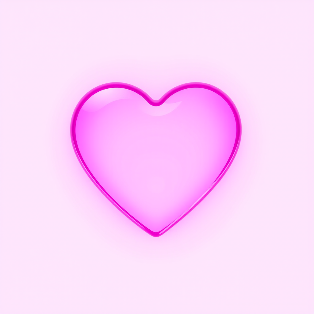 Create a vibrant pink heart icon with a glossy finish on a white background, using a 50mm lens at f/2.8, ISO 100, shot from a straight-on angle with a soft focus style on a DSLR camera.
