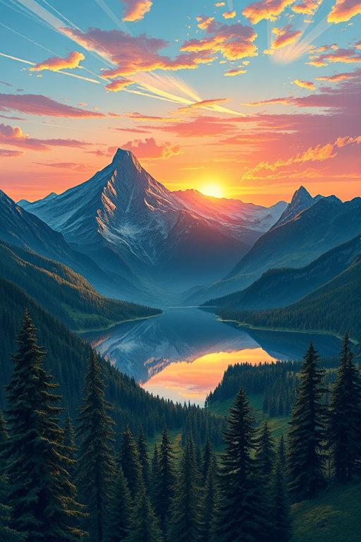 Create a detailed illustration of a majestic mountain landscape during sunrise, with vibrant colors in the sky, a clear reflection in a tranquil lake, lush green forests in the foreground, use a DSLR camera type, set aperture to f/8, shutter speed at 1/125 sec, ISO 100, and capture from a high angle view for enhanced depth and detail.