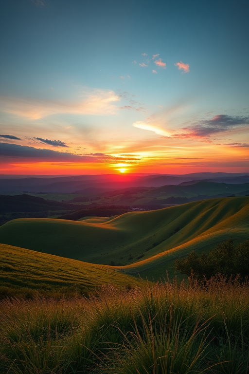Create a high-resolution digital artwork of a serene landscape featuring rolling hills and a vibrant sunset, shot with a Canon EOS R5 at f/8, 24mm lens, ISO 100, soft focus for dreamy aesthetics.