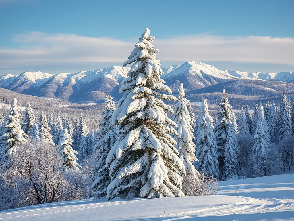 regenerate a winter landscape with snow-covered trees and mountains in the background, shot with a DSLR camera at f/11, ISO 100, 1/125s, wide-angle view, and in vivid color style to enhance clarity and depth