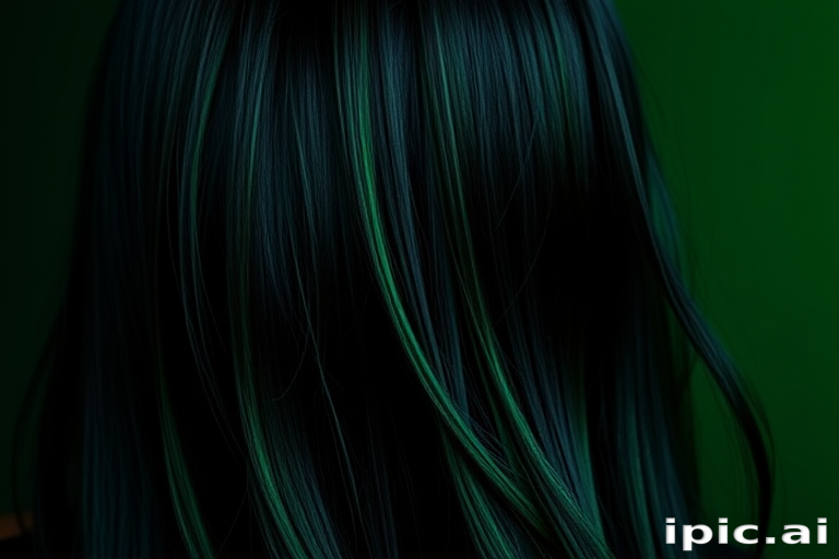 Jet black hair with vibrant emerald green underlights styled in sleek, pin-straight locks showcases the mysterious "Enchanted Forest" look, featuring a glass-like shine and subtle forest green highlights that peek through when the hair moves, creating an alluring and magical appearance