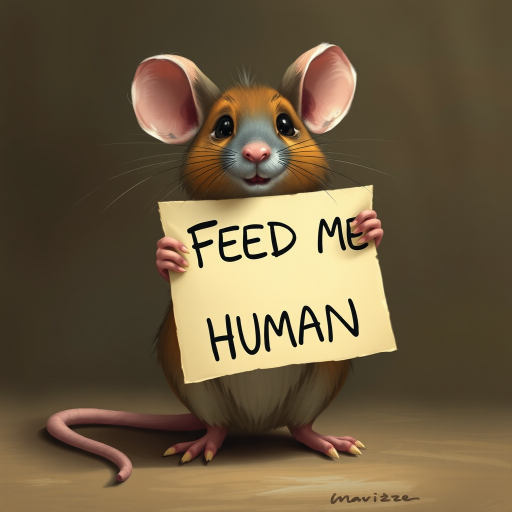 mouse holding a note which says "FEED ME HUMAN"