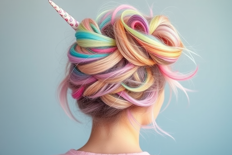 Whimsical pastel rainbow unicorn hair styled in a high messy bun with wispy tendrils, showcasing a kaleidoscope of soft hues blending seamlessly