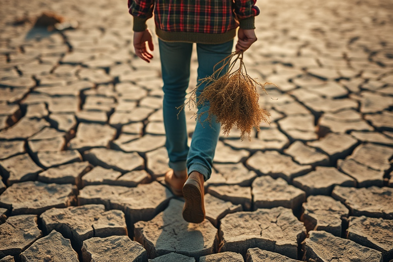 Generate an image of a person walking on cracked earth holding a dried plant, with a shallow depth of field, 50mm lens, f/1.8 aperture, ISO 200, soft natural lighting, emphasizing textures and colors in a warm tone.
