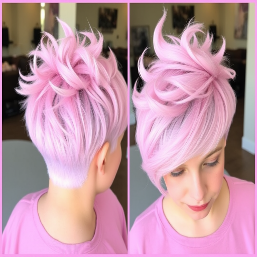 Whimsical pastel pink pixie cut with soft lavender undertones, styled in playful spikes resembling cotton candy wisps, christened "Fairy Floss Fantasy"