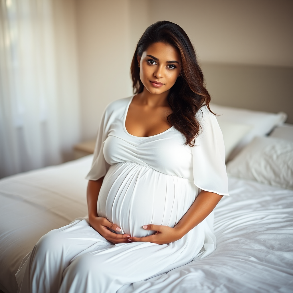 Create a portrait of a pregnant woman sitting on a bed, wearing a flowing white dress, softly lit with natural light, focus on serene facial expression, use a 50mm lens at f/1.8 for soft background blur, shot with a Canon EOS R5 in portrait mode for enhanced details.
