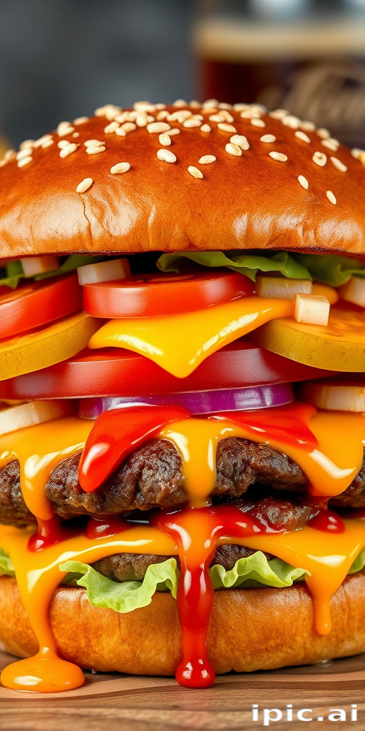 High-resolution, close-up image of a gourmet double cheeseburger. The burger features a glossy, sesame-seed-topped brioche bun. Inside, there are two thick, juicy beef patties, each topped with melted cheddar cheese. The burger is garnished with fresh lettuce, tomato slices, diced onions, and pickles. A generous amount of ketchup and a creamy, orange-colored sauce is dripping down the sides, adding to the mouth-watering appeal. In the background, there are blurred elements including a side of golden French fries and a hint of a beverage, enhancing the overall presentation of a delicious meal.
