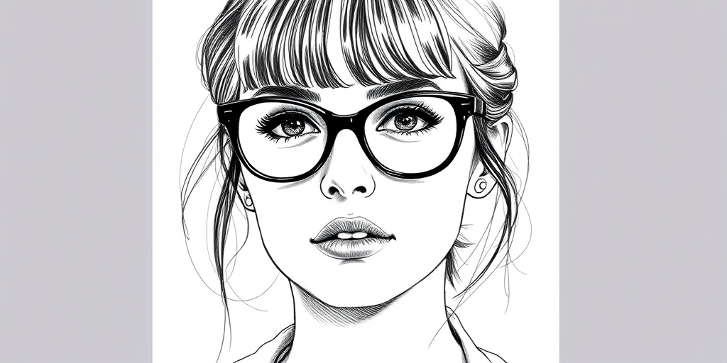 Beautiful Rooney Mara, pencil sketch, portrait of beautiful woman 60s in glasses, hair style beatnik, outline, clear lines, fine lines, 8k