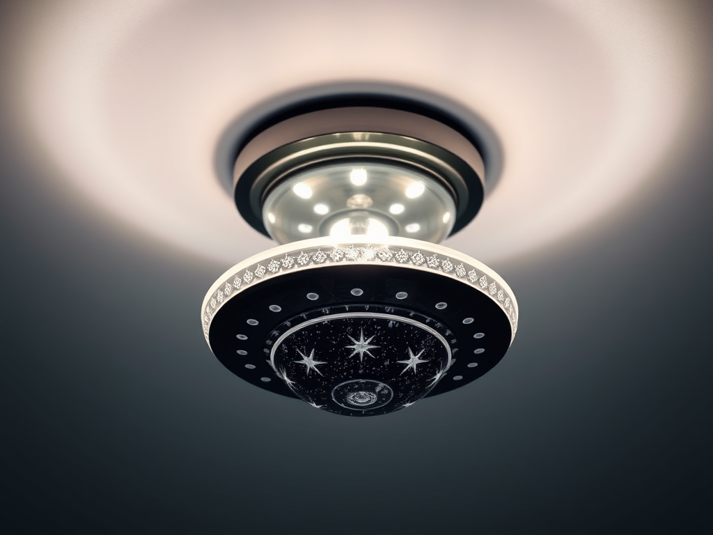 Create a high-resolution digital illustration of a ceiling light fixture in the shape of a UFO, with a starry pattern on its surface, using a DSLR camera with a 50mm lens, f/2.8 aperture, ISO 100, and a soft-focus background for an artistic effect.