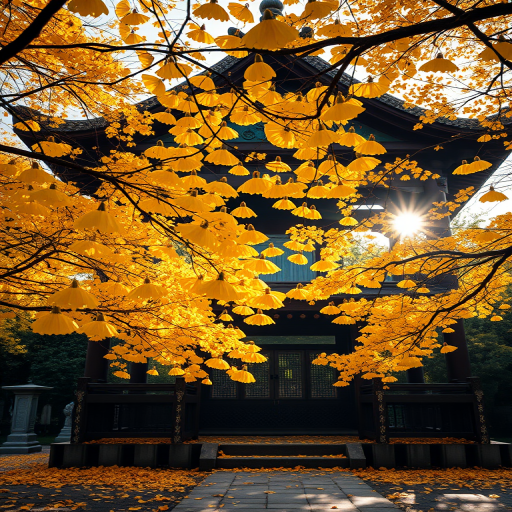Capture a tranquil autumn scene featuring a traditional Asian pavilion surrounded by vibrant yellow ginkgo leaves, softly illuminated by morning sunlight, using a DSLR camera with a 24mm lens, aperture f/8, ISO 100, shutter speed 1/200s, shooting from a low angle to enhance depth and perspective.