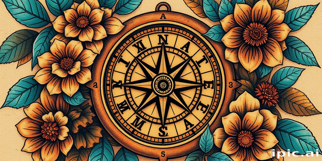 Realistic neo-traditional tattoo portraying a vintage compass surrounded by lush botanical elements, rich earth tones with pops of turquoise, weathered antique look with subtle gradients