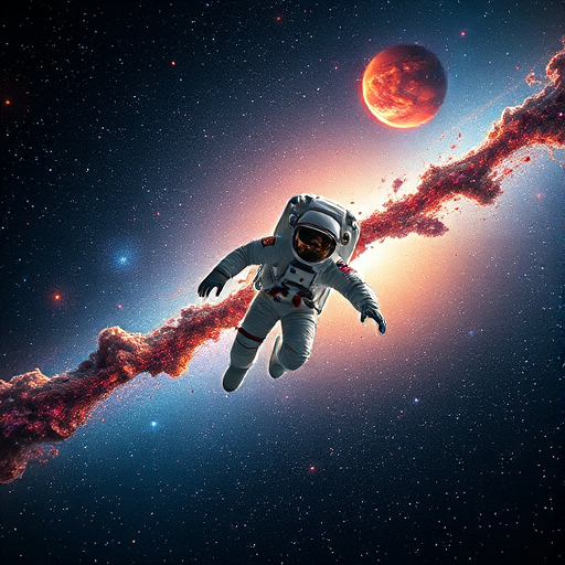 create an image of an astronaut floating in space amidst vivid stars and colorful galaxies, shot with a DSLR camera at f/1.8 aperture, ISO 100, shutter speed 1/200, from a low-angle perspective with a wide-angle lens to enhance depth and detail in the cosmos, rendered in high dynamic range for vibrant colors and clarity