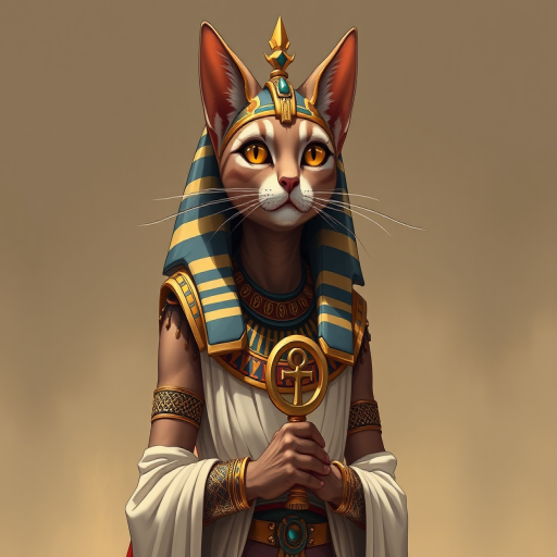 Regenerate a full-body illustration of a cat-headed deity in ancient Egyptian attire, holding an ankh and wearing intricate jewelry, use a high-resolution digital art style, camera settings 50mm lens, f/8 aperture, 1/125 shutter speed, shot from a straight-on perspective for clarity and detail.