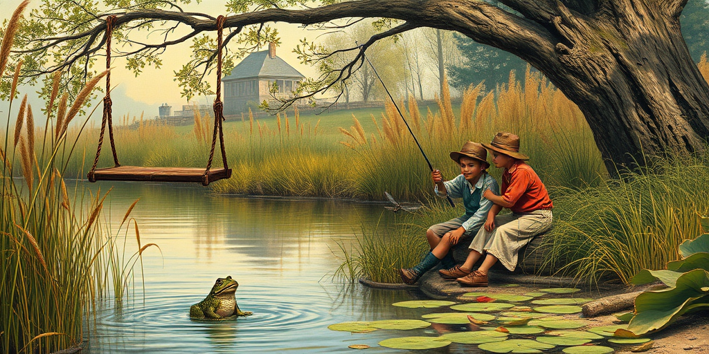 Imagine a small group of old fashioned young boys out fishing by the creek, a swing hanging from a tree branch, reeds and grasses by the water's edge, a frog sitting on a lily pad, dragonflies hovering over som water plans, a very iconic old fashioned scene reminiscent of a Norman Rockwell painting style