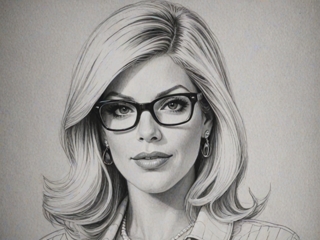 Beauteous Tori Spelling, pencil sketch, portrait of Charming woman 1964s in glasses, hair style beatnik, outline, clear lines, fine lines, 8k