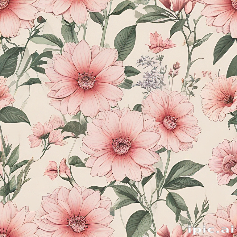 Delicate Floral Pattern Featuring Soft Pink Blooms and Green Leaves