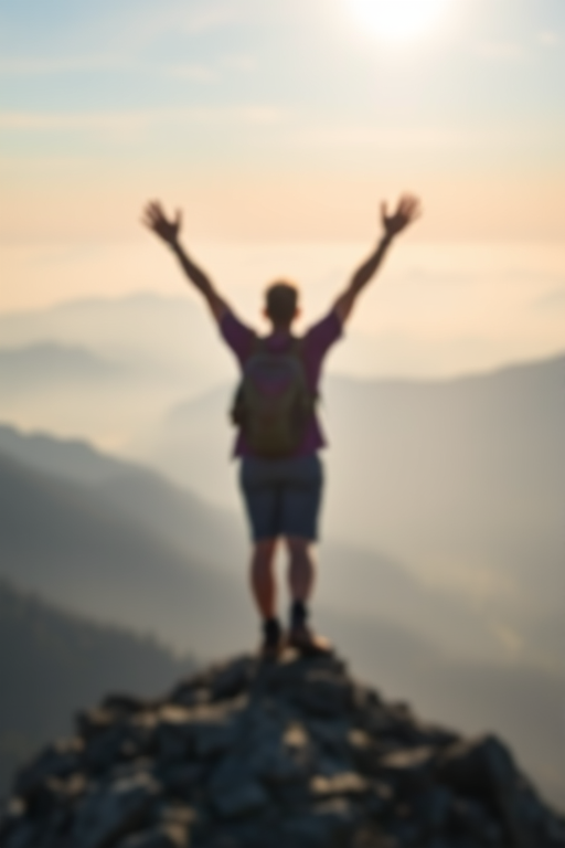 Blurry action shot of a hiker reaching the summit of a mountain, arms raised in victory, soft focus on the distant peaks, soft light from the early morning sun casting long shadows, and the feeling of accomplishment and freedom.