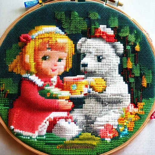 cross stitch embroidery pattern of Masha and the Bear