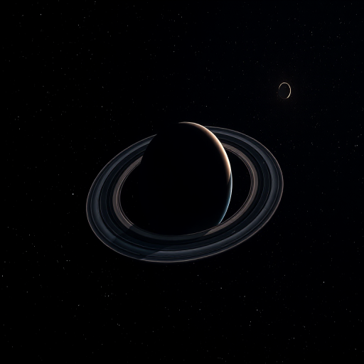 Create a high-resolution digital art image of a distant planet surrounded by rings and small moons in a dark, starry space background, shot with a DSLR camera at f/2.8 aperture, ISO 800, 24mm focal length, using a wide-angle lens for an immersive view.